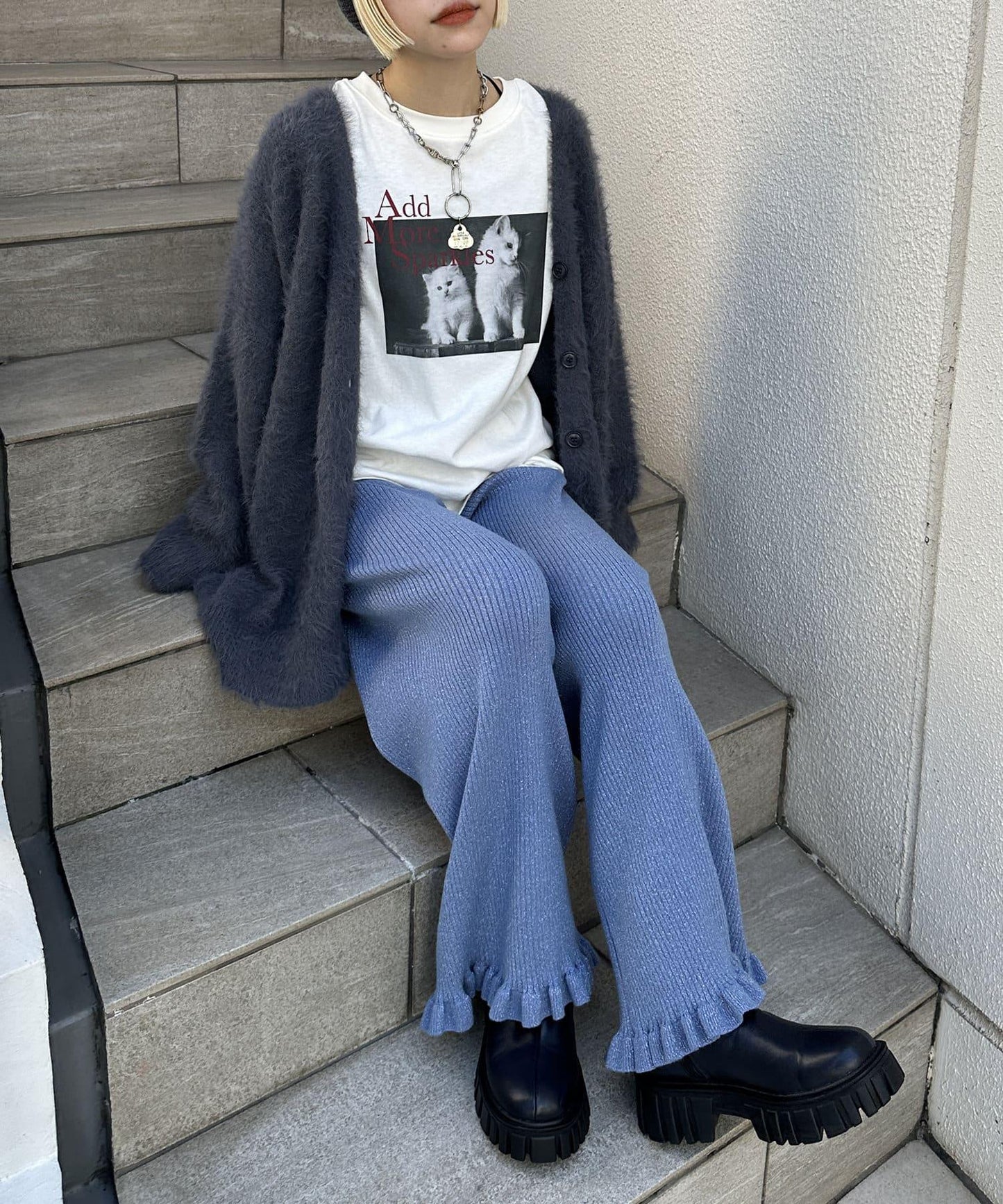 【w closet】下襬荷葉邊針織褲