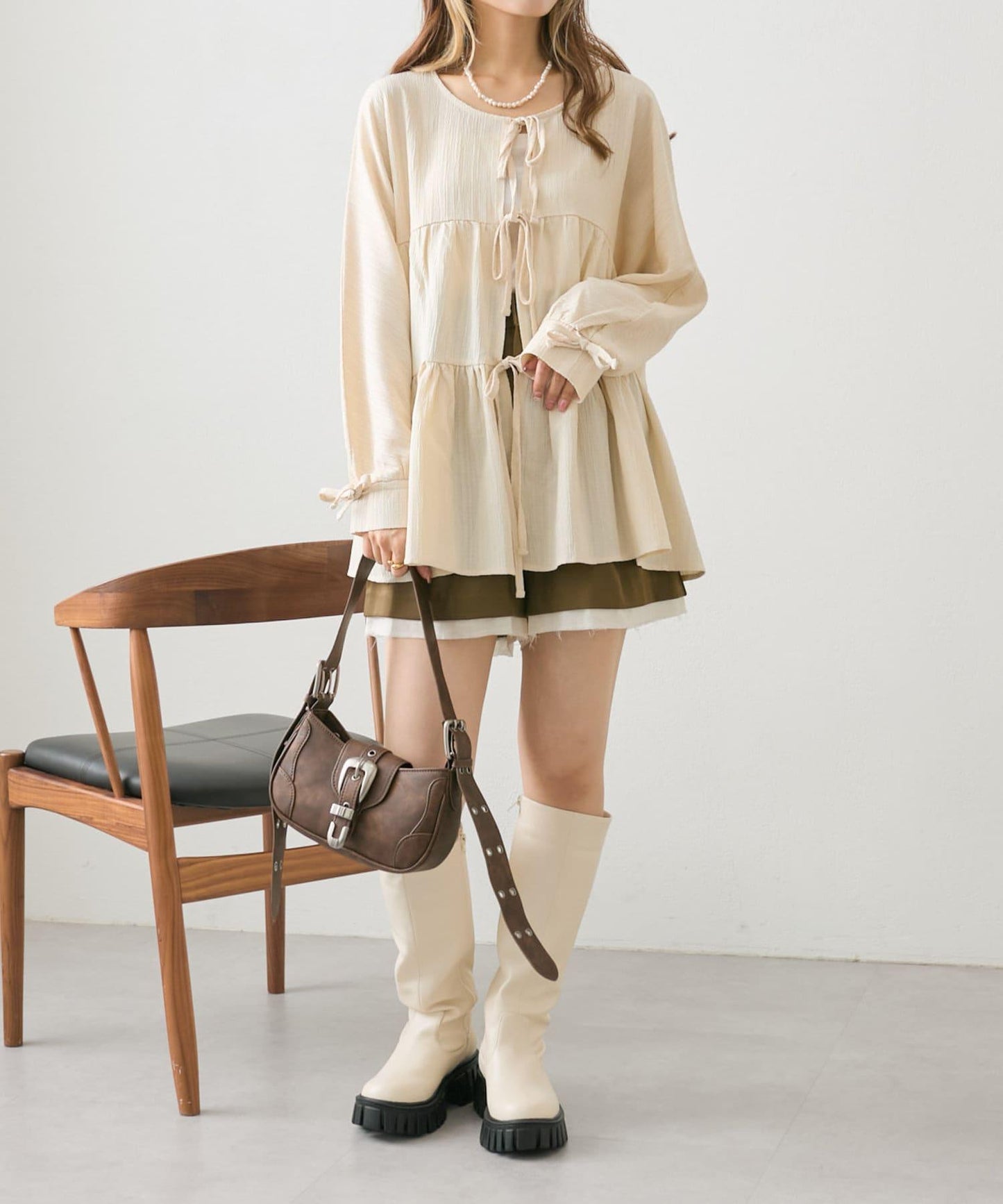 【w closet】蝴蝶結2WAY層疊拼接襯衫