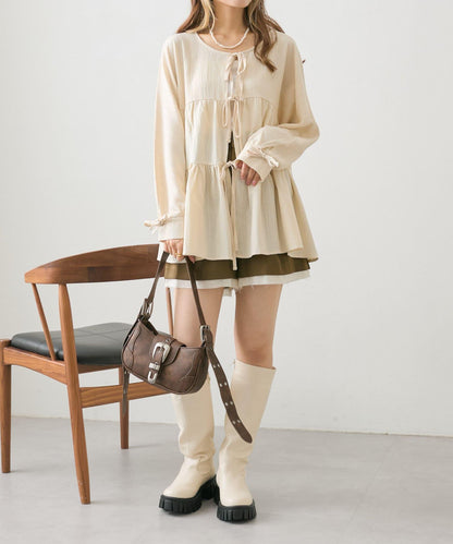 【w closet】蝴蝶結2WAY層疊拼接襯衫