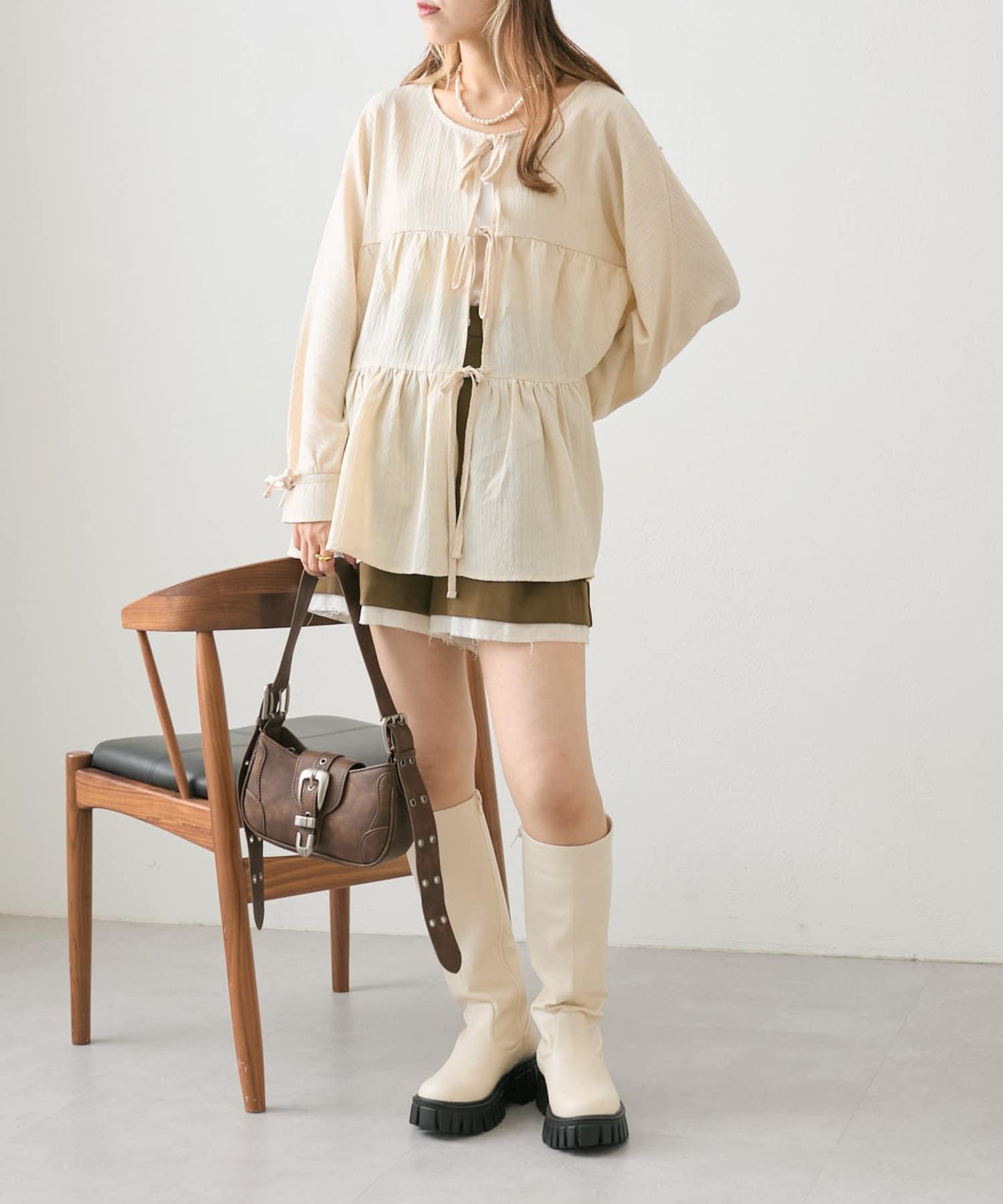 【w closet】蝴蝶結2WAY層疊拼接襯衫
