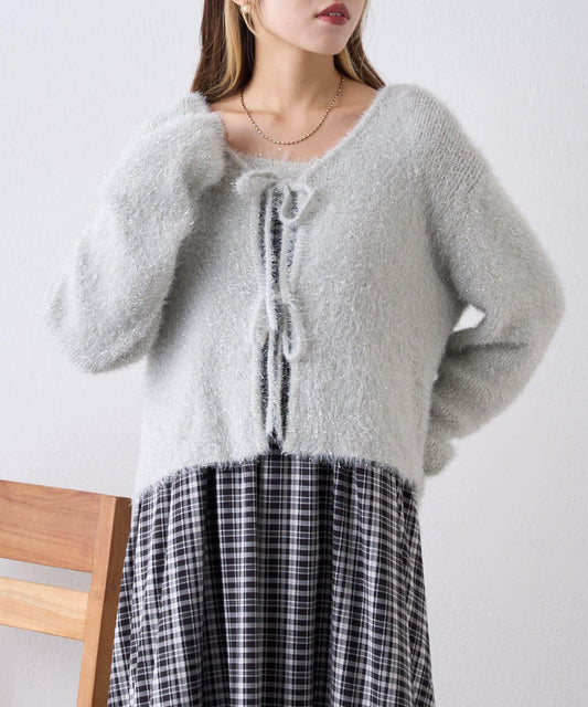 【w closet】亮絲羽毛開衫套裝