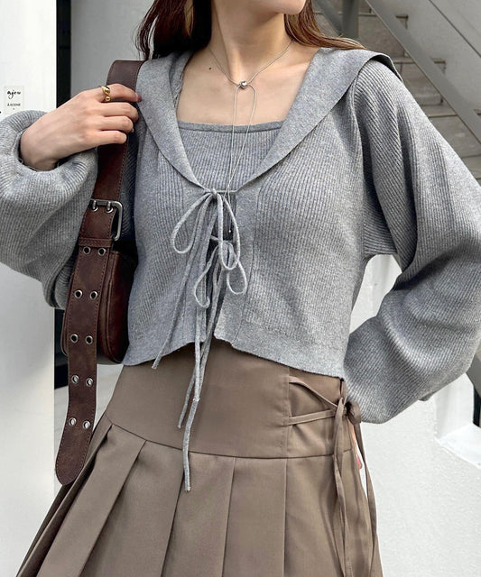 【w closet】水手領針織開衫吊帶套裝
