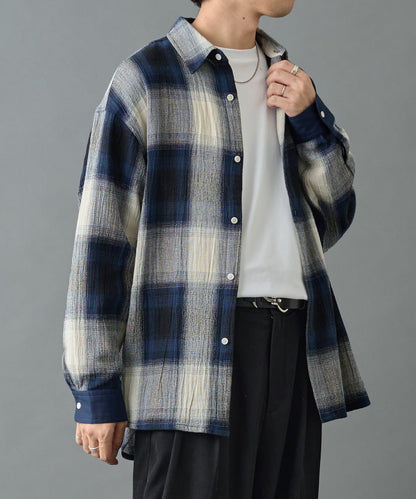 【AW】透視漸變格紋長袖襯衫