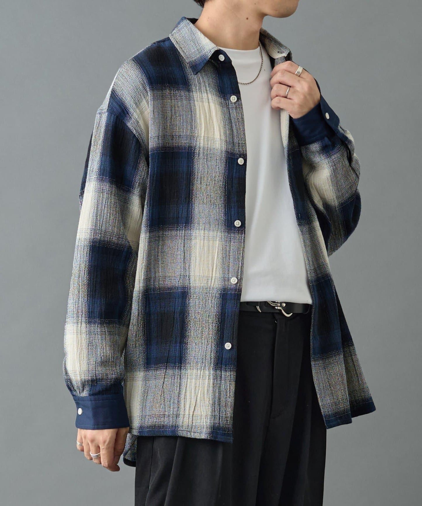 【AW】透視漸變格紋長袖襯衫
