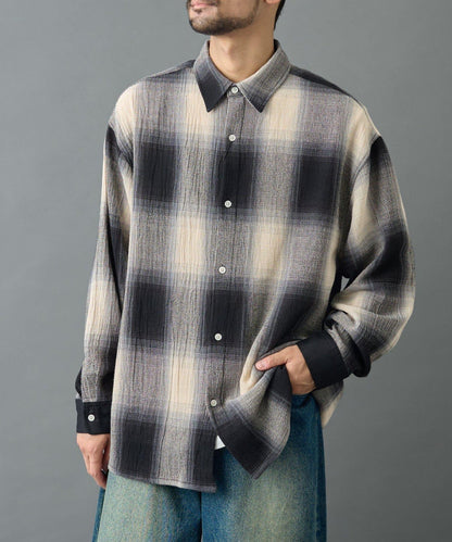 【AW】透視漸變格紋長袖襯衫