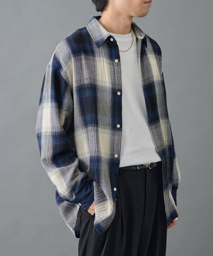 【AW】透視漸變格紋長袖襯衫
