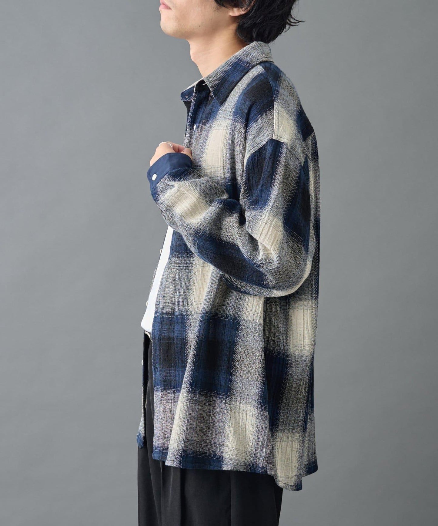 【AW】透視漸變格紋長袖襯衫