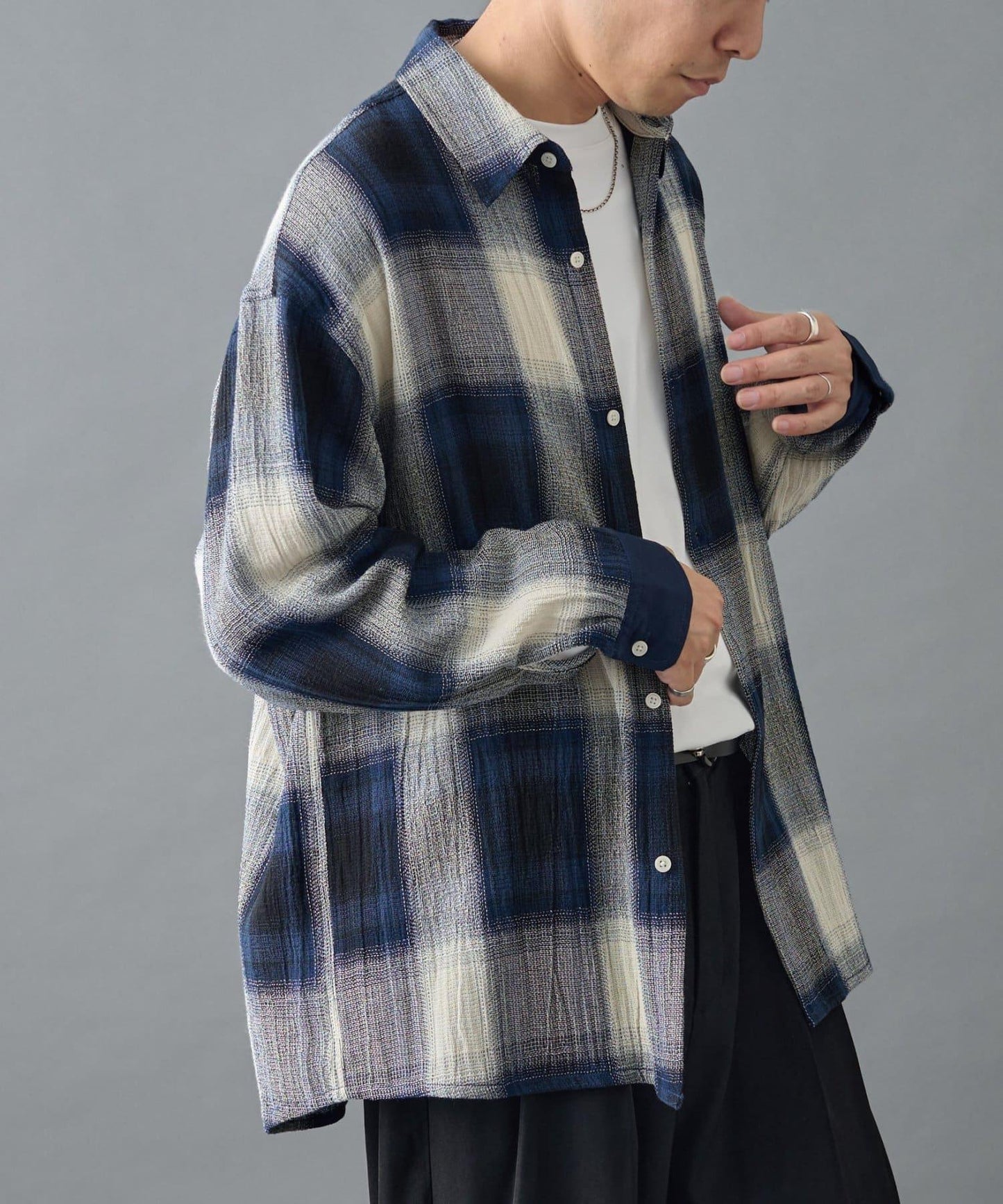 【AW】透視漸變格紋長袖襯衫