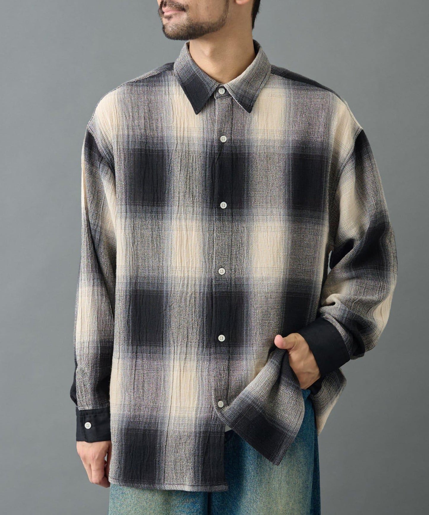 【AW】透視漸變格紋長袖襯衫