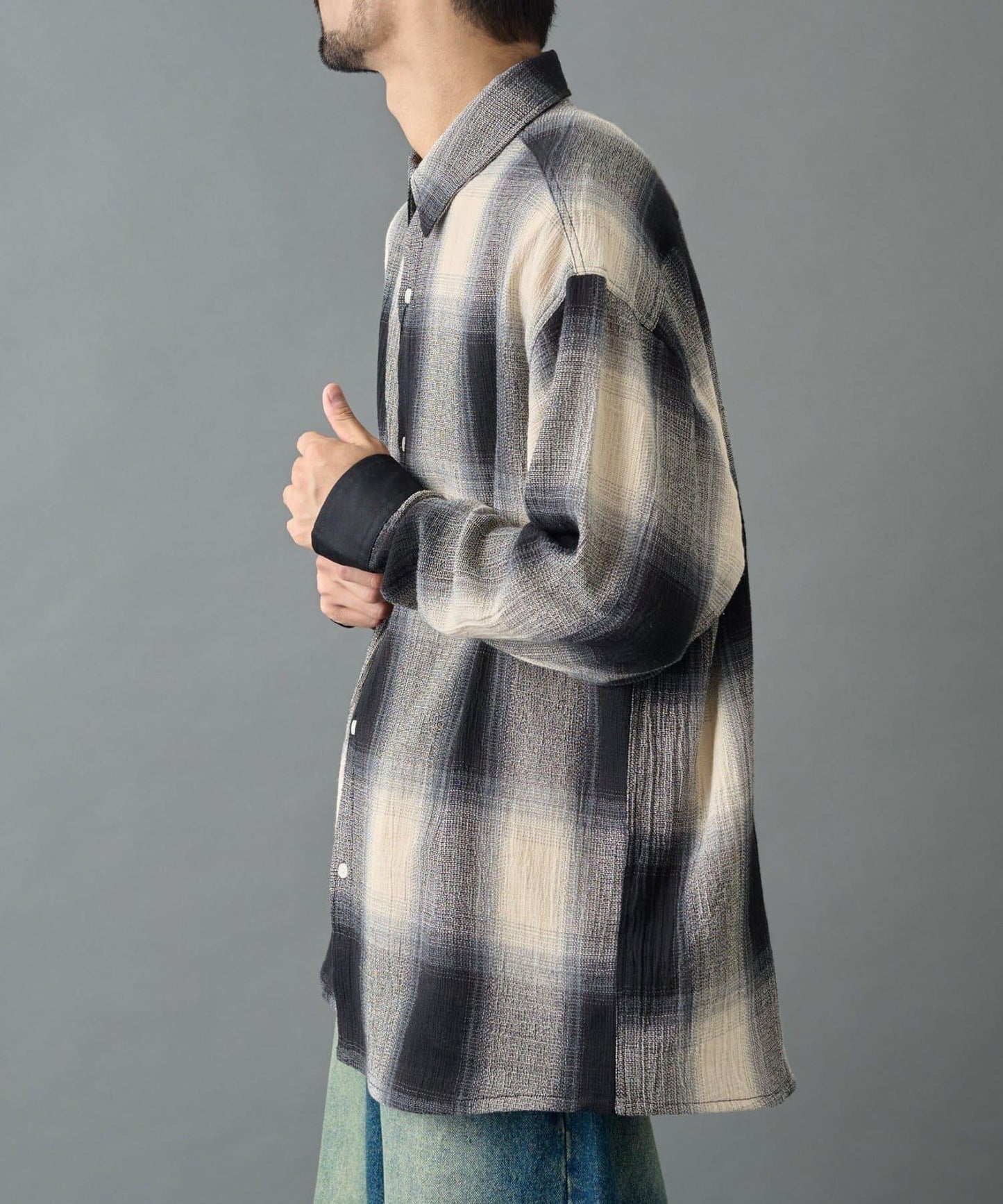 【AW】透視漸變格紋長袖襯衫