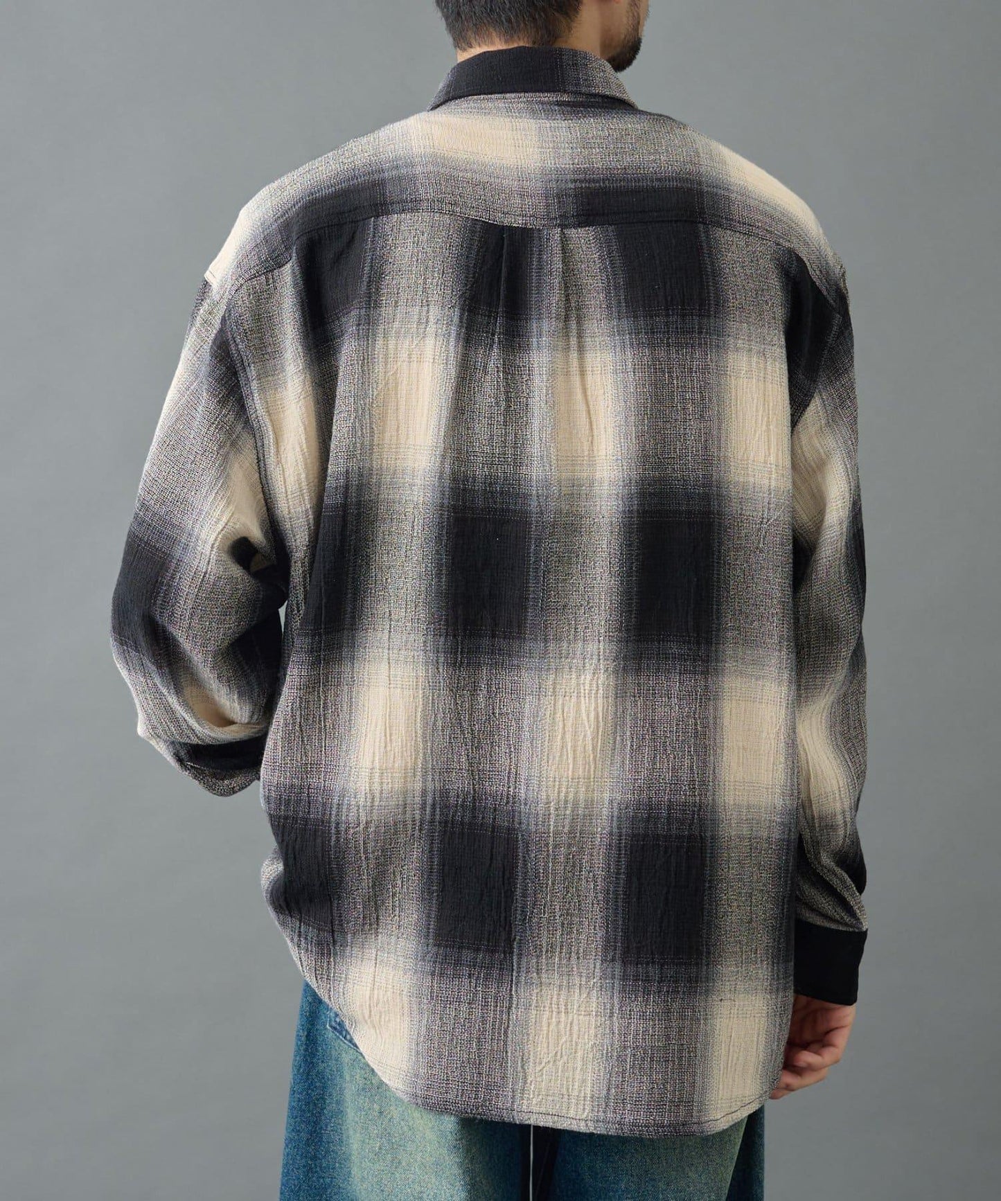 【AW】透視漸變格紋長袖襯衫