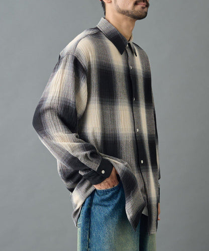 【AW】透視漸變格紋長袖襯衫