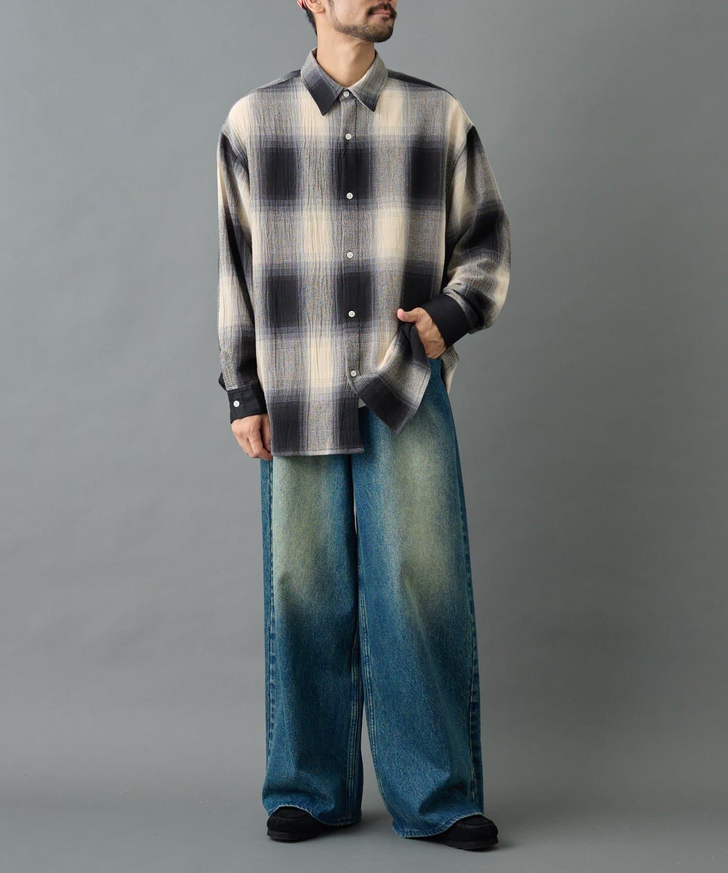 【AW】透視漸變格紋長袖襯衫