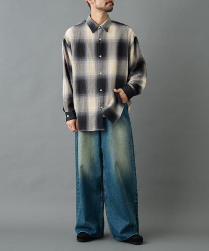 【AW】透視漸變格紋長袖襯衫