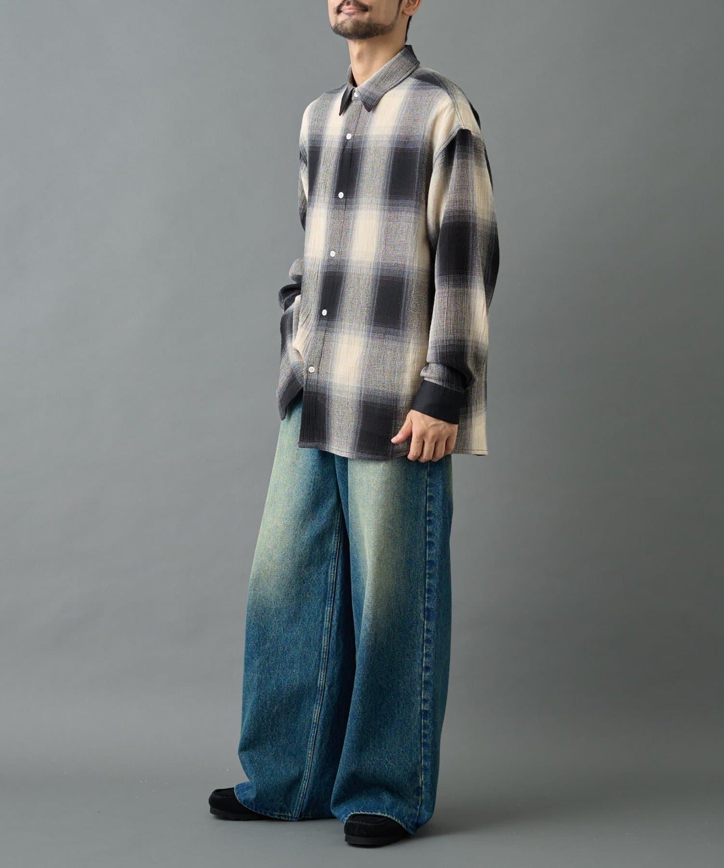 【AW】透視漸變格紋長袖襯衫