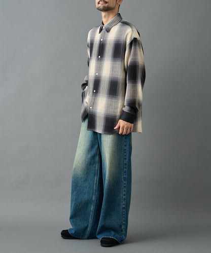 【AW】透視漸變格紋長袖襯衫