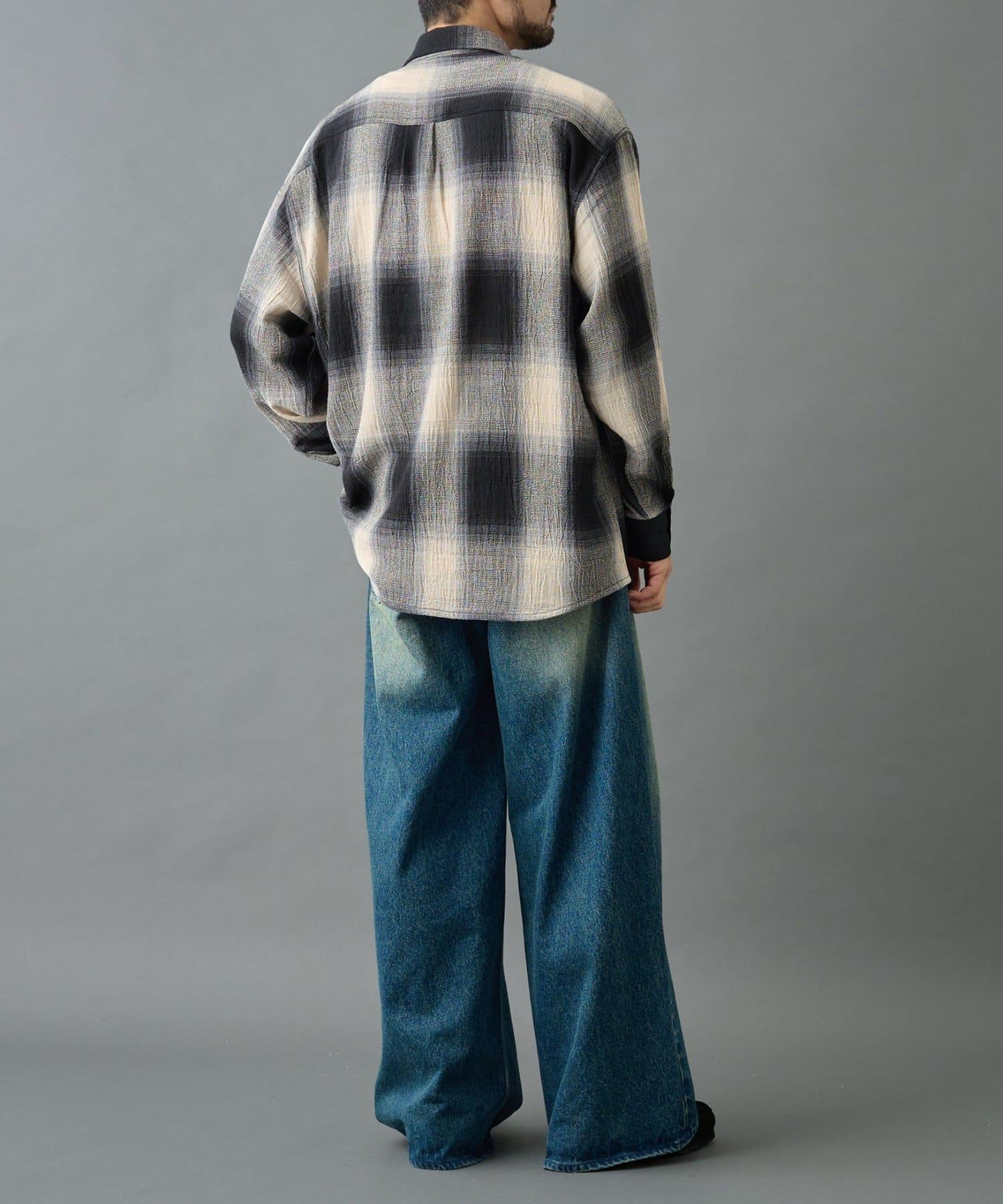 【AW】透視漸變格紋長袖襯衫