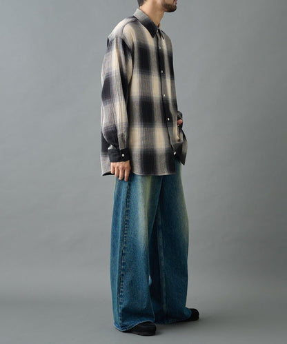 【AW】透視漸變格紋長袖襯衫