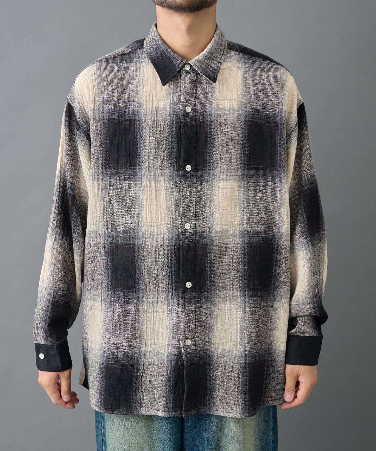 【AW】透視漸變格紋長袖襯衫