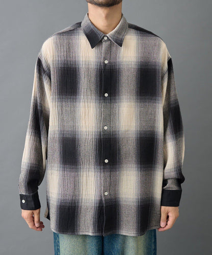 【AW】透視漸變格紋長袖襯衫