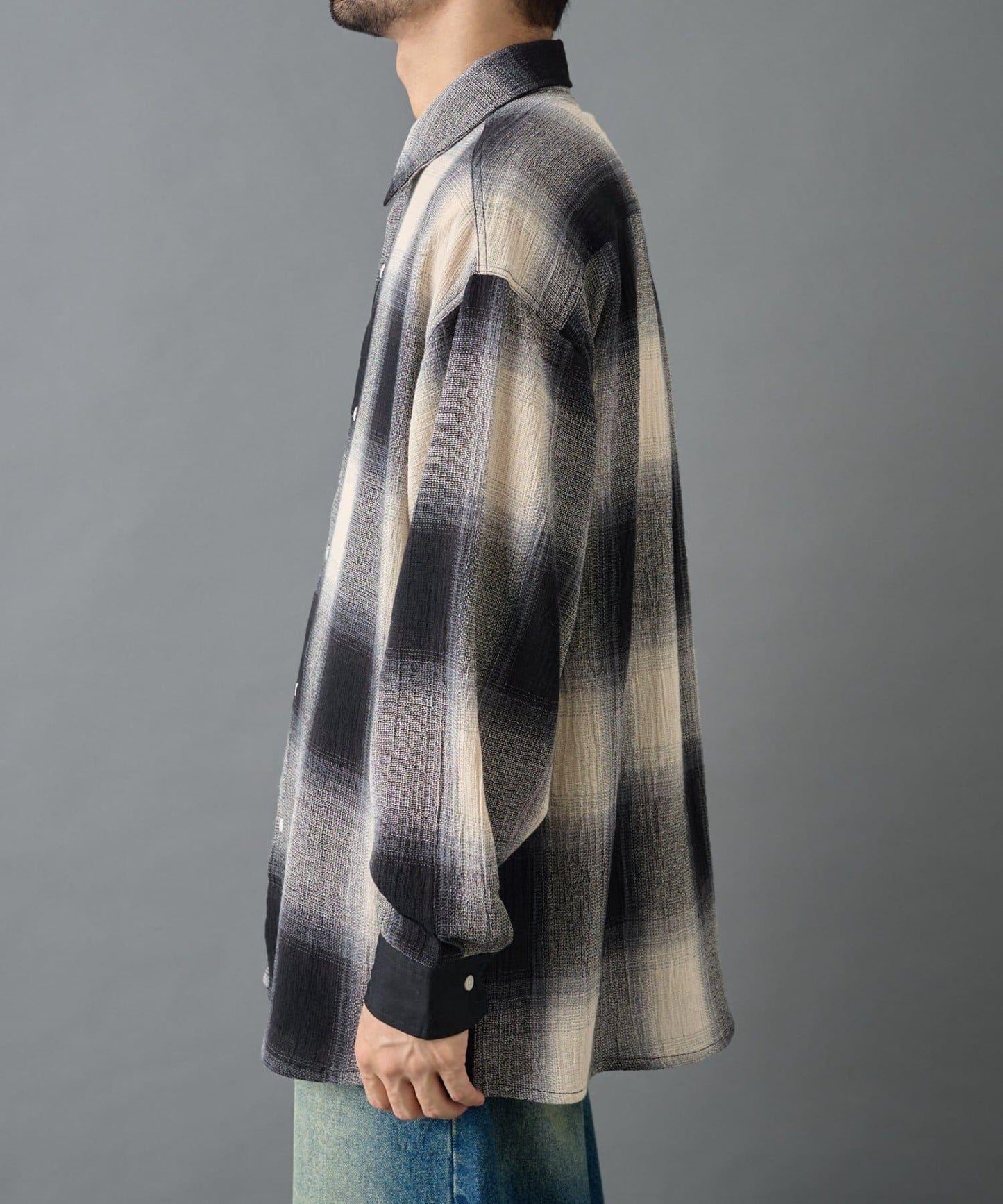 【AW】透視漸變格紋長袖襯衫