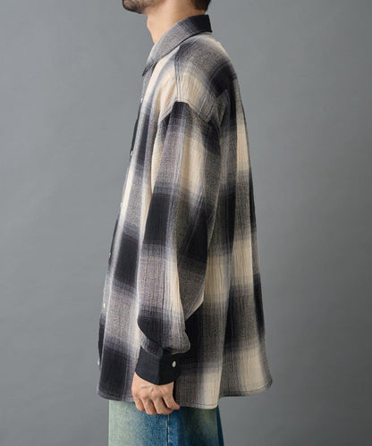 【AW】透視漸變格紋長袖襯衫