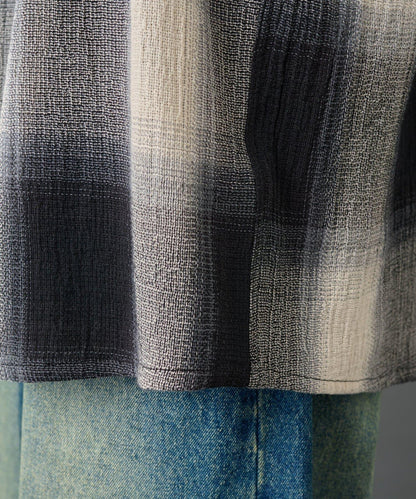 【AW】透視漸變格紋長袖襯衫