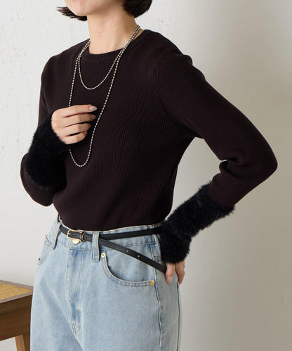 拼接長毛袖羅紋針織衫