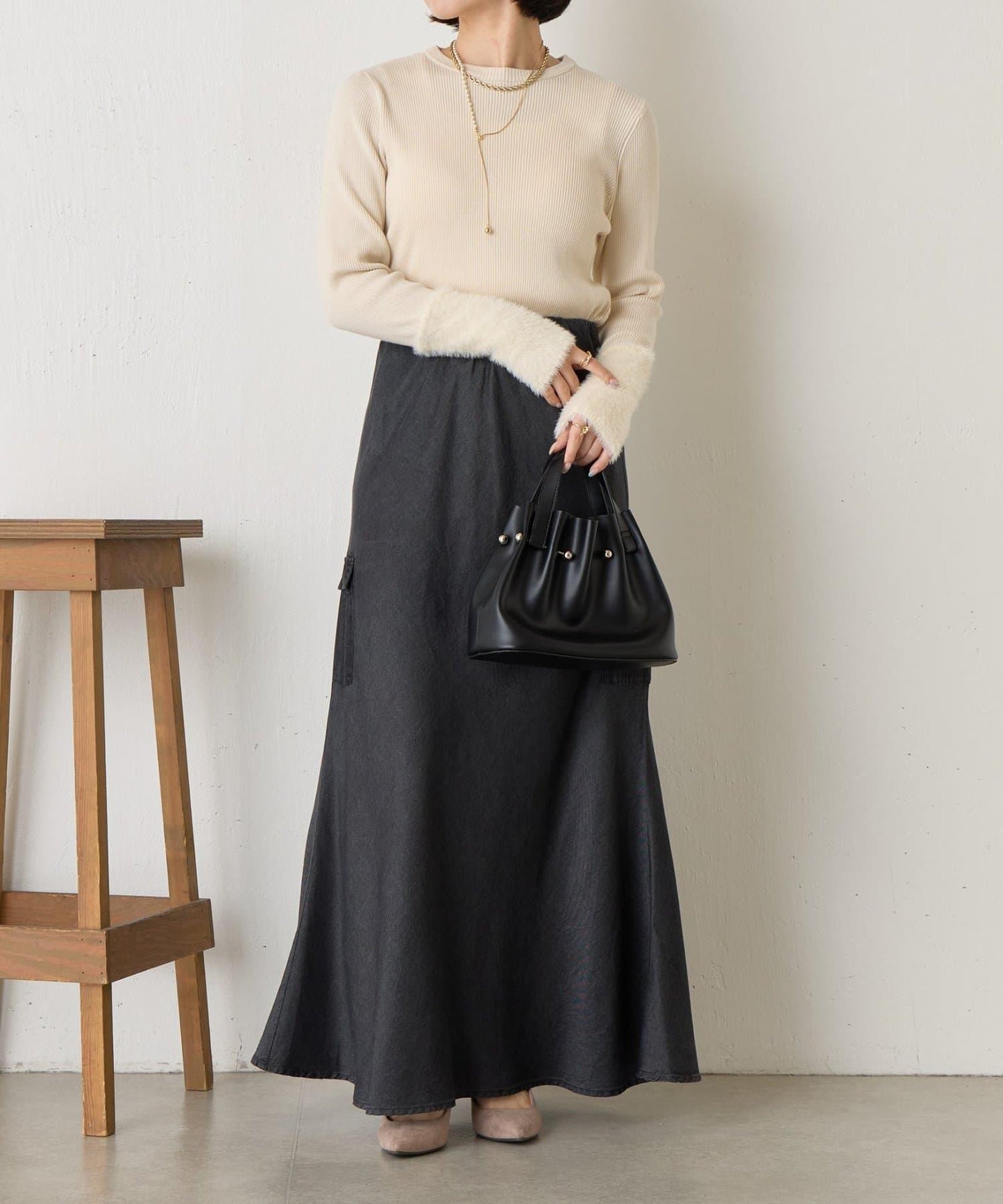 拼接長毛袖羅紋針織衫