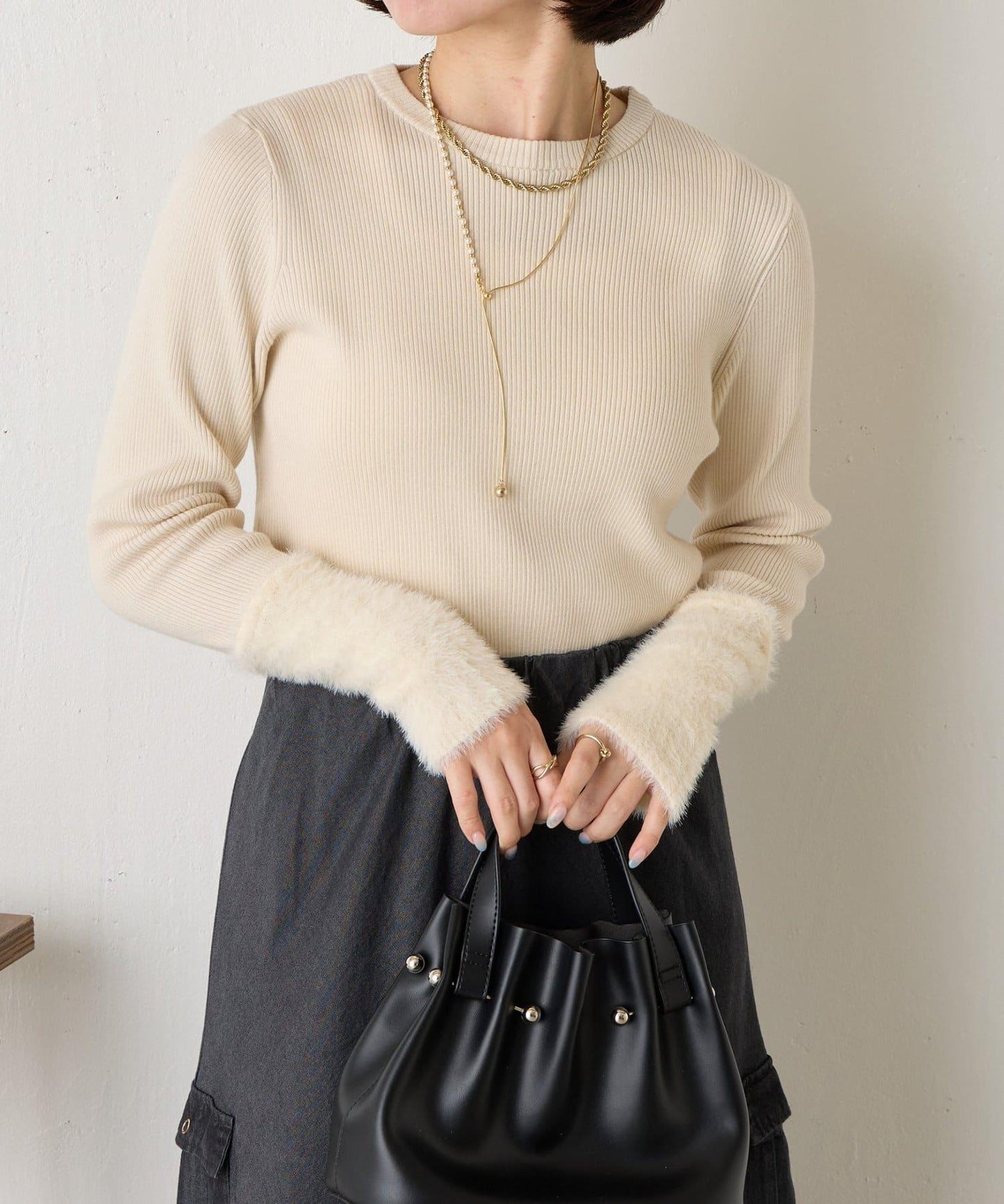 拼接長毛袖羅紋針織衫