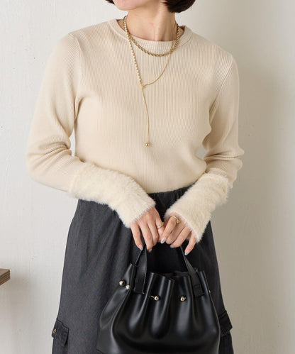 拼接長毛袖羅紋針織衫