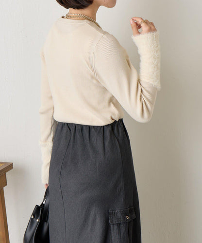 拼接長毛袖羅紋針織衫
