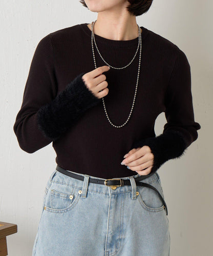 拼接長毛袖羅紋針織衫