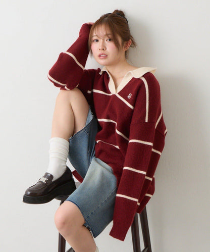 【RAY CASSIN】條紋V領POLO刺繡針織衫 / 翻領針織衫