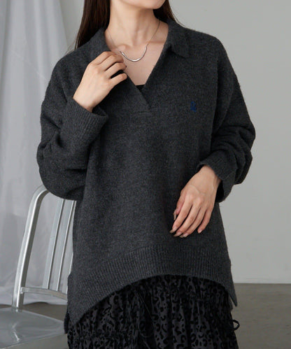 【RAY CASSIN】V領翻領刺繡針織衫 / 帶領針織衫