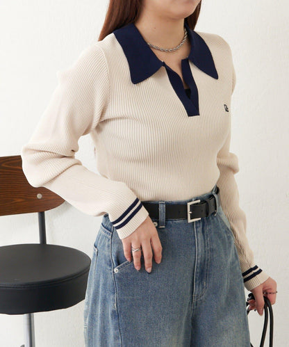【RAY CASSIN】胸部刺繡V領翻領修身針織衫
