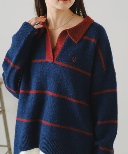 【RAY CASSIN】條紋V領POLO刺繡針織衫 / 翻領針織衫