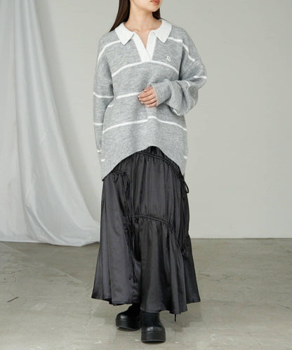 【RAY CASSIN】條紋V領POLO刺繡針織衫 / 翻領針織衫