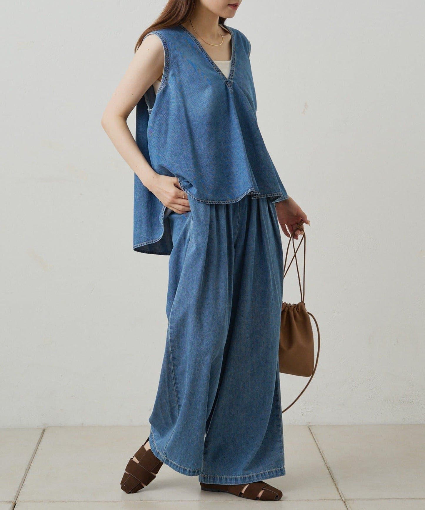 【套裝商品】牛仔喇叭袖上衣+休閒褲套裝