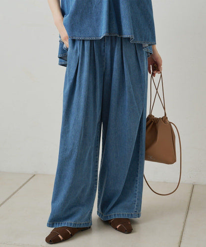 【套裝商品】牛仔喇叭袖上衣+休閒褲套裝