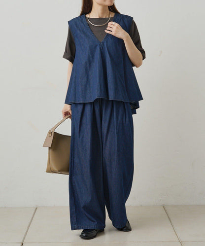【套裝商品】牛仔喇叭袖上衣+休閒褲套裝