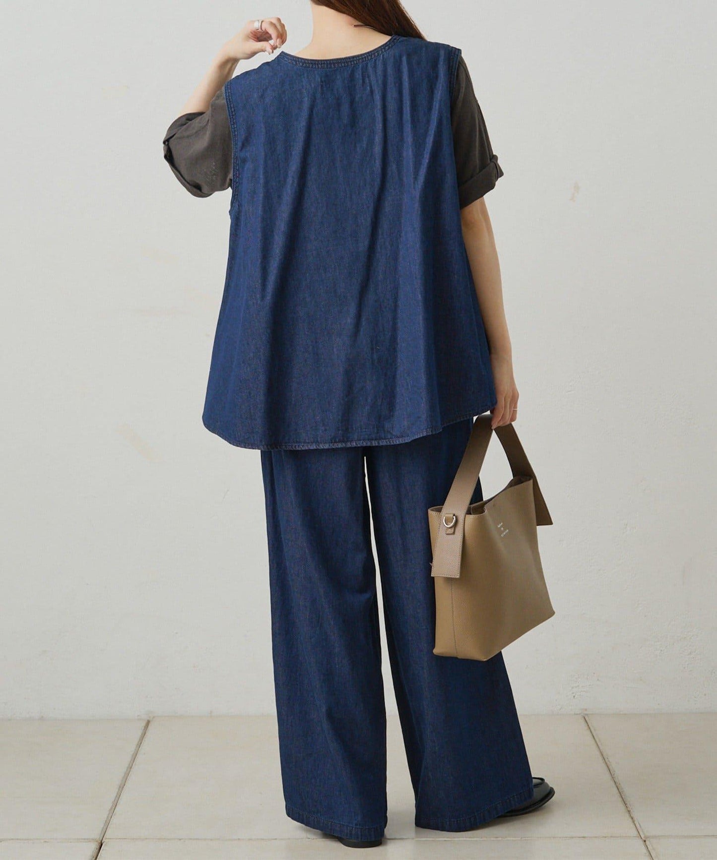 【套裝商品】牛仔喇叭袖上衣+休閒褲套裝