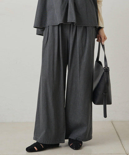 【套裝商品】牛仔喇叭袖上衣+休閒褲套裝
