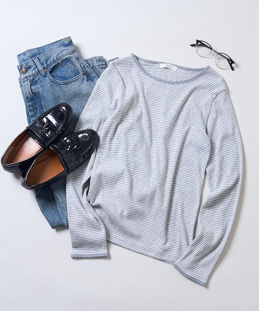 貝殼褶皺羅紋條紋長袖T恤