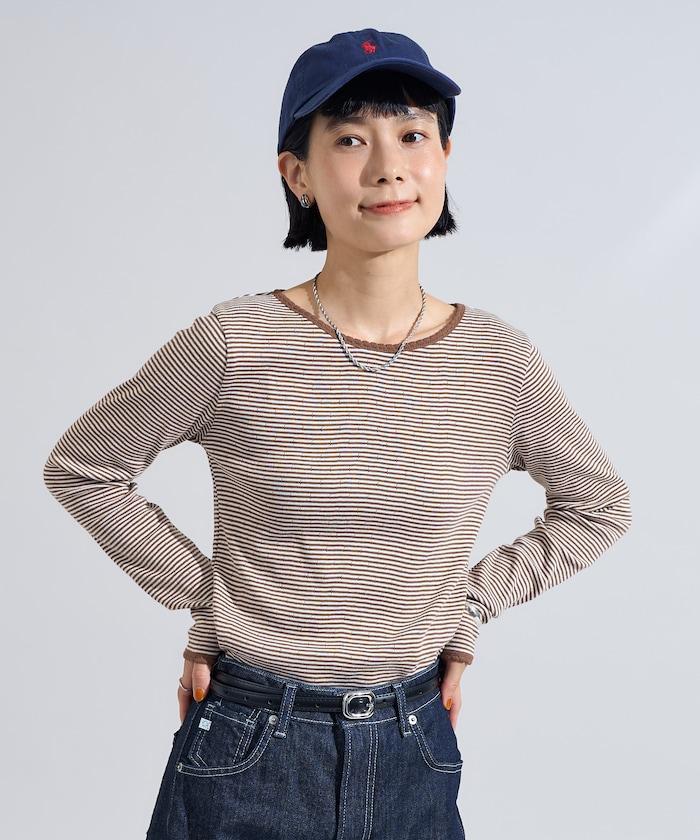 貝殼褶皺羅紋條紋長袖T恤