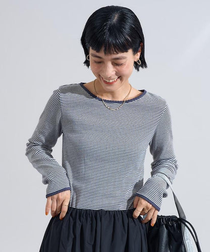 貝殼褶皺羅紋條紋長袖T恤