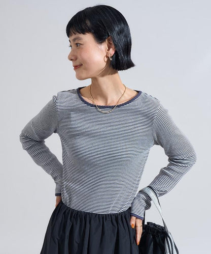 貝殼褶皺羅紋條紋長袖T恤