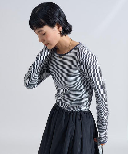 貝殼褶皺羅紋條紋長袖T恤