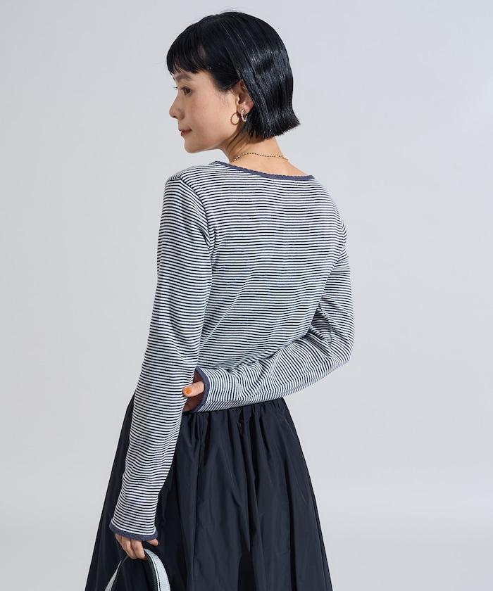 貝殼褶皺羅紋條紋長袖T恤