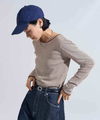 貝殼褶皺羅紋條紋長袖T恤